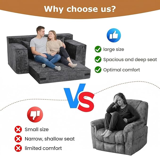 Convertible Sofa Bed, 5 in 1 Small Boneless Couch Pull Out Loveseat Sleeper Sofa,Corduroy Futon Couch Folding Mattress with 4 Pillows for Living Room (Dark Gray, Loveseat(Silky Velvet))
