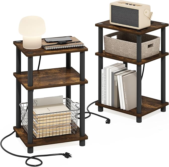 Furinno JUST Side Table Set of 2, 3-Tier Modern End Table with Charging Station, Open Shelf Night Stand, Bedside Table with USB and Type-C Charging Port, for Living Room, Bedroom, Amber Pine