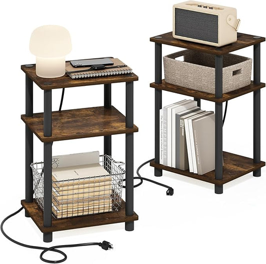 Furinno JUST Side Table Set of 2, 3-Tier Modern End Table with Charging Station, Open Shelf Night Stand, Bedside Table with USB and Type-C Charging Port, for Living Room, Bedroom, Amber Pine