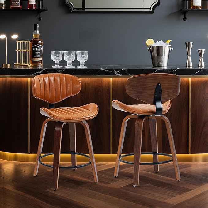 Swivel Bar Stools, 24 inch PU Leather Wooden Bentwood Barstools Counter Height Modern Breakfast Bar Chairs with Backrest and Footrest for Kitchen Island, Dining Room, Bar D035-Brown-1