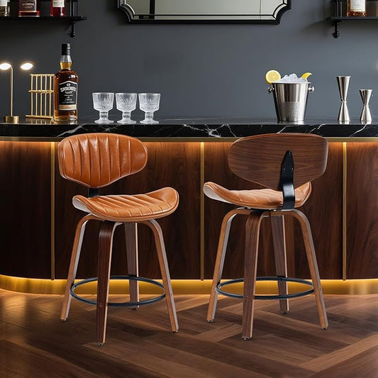 Swivel Bar Stools Set of 2, 24 inch PU Leather Wooden Bentwood Barstools Counter Height Modern Breakfast Bar Chairs with Backrest and Footrest for Kitchen Island, Dining Room D035-Brown-2