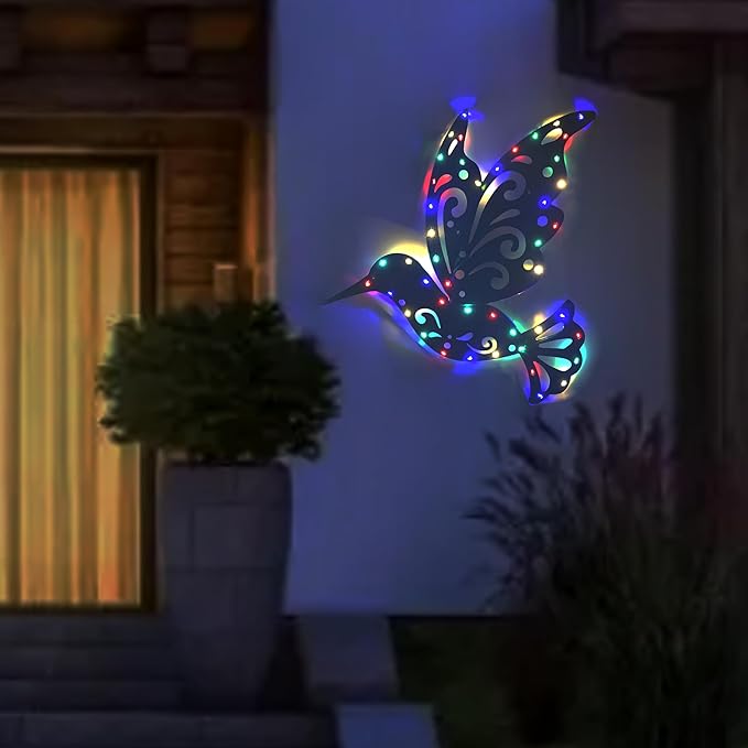 WAIU Solar LED Light Hummingbird Metal Outdoor Wall Outside Decorations for Yard, Hummingbird Ornament Metal Yard Art Wall Patio Backyard Garden Decor for Outside