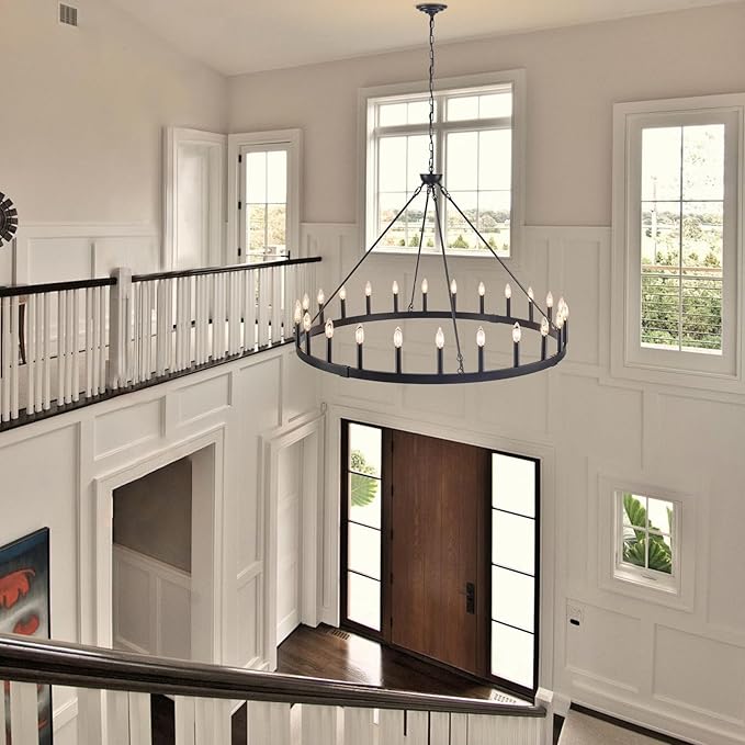 24-Light Black Wagon Wheel Chandelier Farmhouse, 48" Extra Large Chandeliers for High Ceilings, Round Matte Black Chandeliers for Dining Room, Kitchen Island, Foyer, Living Room, Entrance