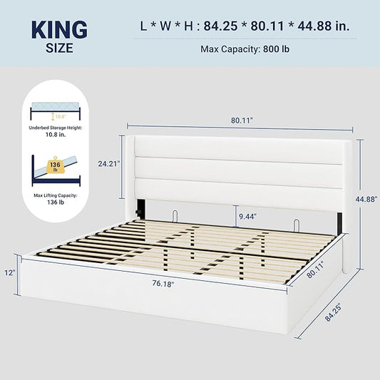 Allewie King Size Velvet Lift Up Storage Bed, Modern Wingback Headboard, Hydraulic Support, No Box Spring Needed, White