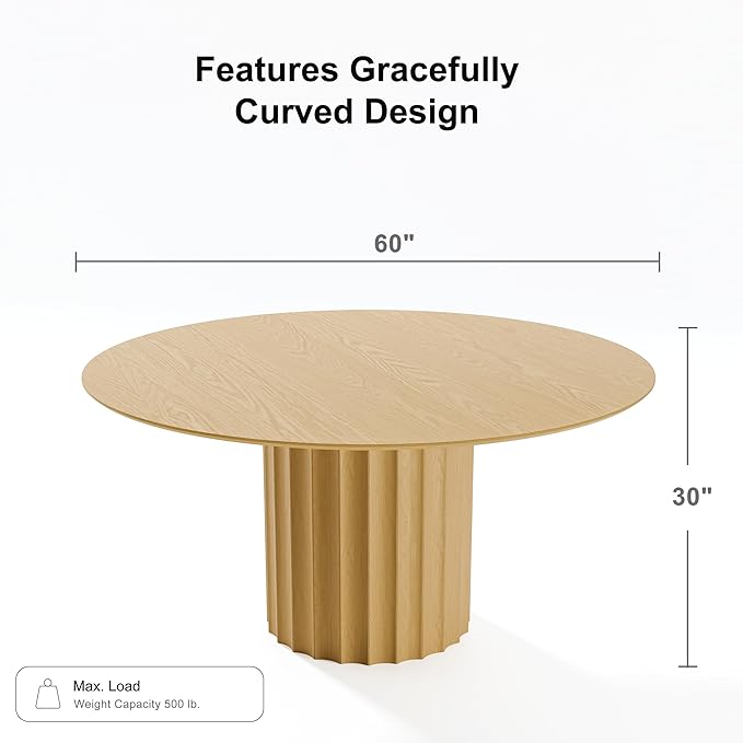 Casaphoria 60" Round Dining Table, Modern Wood Kitchen Table with Cylindrical Wide Bar Concave Base for Living Room & Dining Room, Easy Assembly Farmhouse Furniture for 4-6, Oak