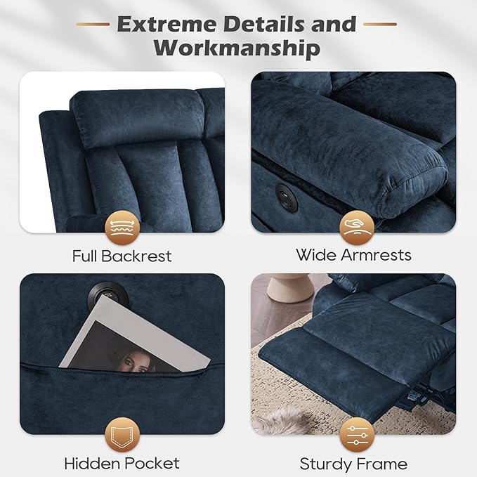 Power Reclining Sofa with Heat and Massage, Electric Reclining Couch with Drop Down Table,Cup Holders, Dual Ports, Wall Hugger Recliner Sofa for Living Room,Home Theater (Blue, Sofa)