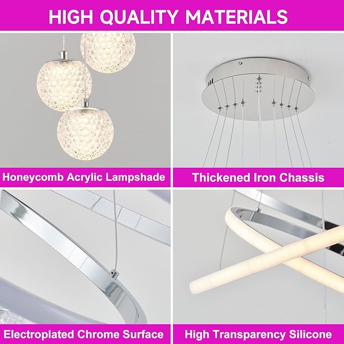 LED Modern 3 Ring Chandeliers for Dining Room, 24in Dimmable Kitchen Pendant Lamp, Silver Dining Room Light Fixtures Ceiling Hanging Over Table, Globe Round Chandeliers for Living Room, Chrome