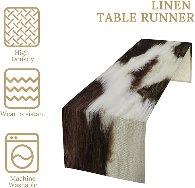 Cow Print Table Runner 3D Cow Fur Skin Brown Cowhide Country Farmhouse Wild Animal Theme Table Runner for Living Room Kitchen Dining Table Decoration 13x108in