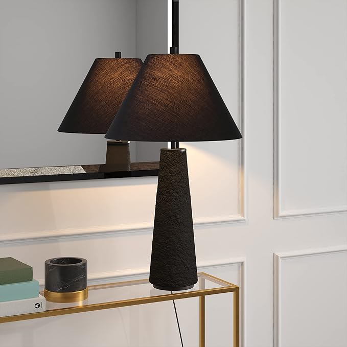 Henn&Hart 27.5" Transitional 1-Light Table Lamp with Tapered Ceramic Base and White Fabric Cone Shade for Living Room, Bedroom, or Office, Matte Black