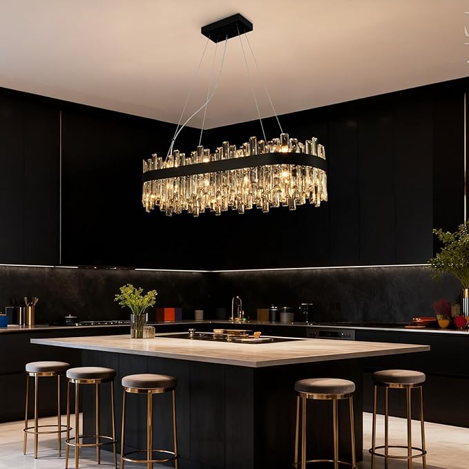Black Crystal Chandeliers for Dining Room, 20 Lights Modern Oval Chandelier for Lining Room, Rectangular Crystal Pendant Light Fixture for Kitchen Island Bar L36 Inch