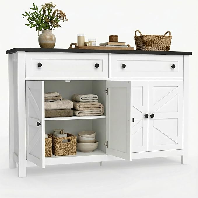 Modern Farmhouse Sideboard Buffet Cabinet 55", Coffee Bar with Adjustable Shelves, Storage Pantry Cabinet for Kitchen, Living Room, Entryway