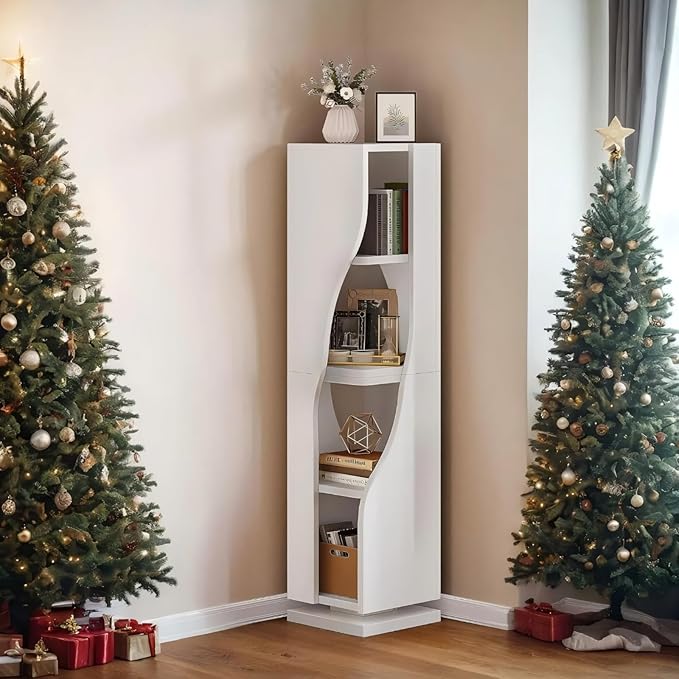 YITAHOME 4-Tier Corner Bookshelf, Irregular Shape Corner Shelf, Modern Narrow Shelf Organizer Storage for Bedroom, Living Room, Study Room,White