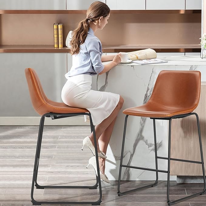 NEWBULIG 26 Inch Counter Height Bar Stools Set of 4, Armless Bar Height Stools, Faux Leather Barstools with Back, Kitchen Island Chairs, Comfortable Modern Chairs with Metal Legs, Classic Brown