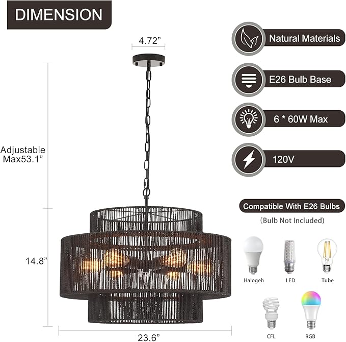 Hand-Woven Rattan Chandelier Vintage 6-Light Farmhouse Boho Bamboo Chandeliers Light Fixture 23.6" Retro 3-Tier Drum Wicker Rattan Black Chandelier for Dining Room, Kitchen Island, Bedroom