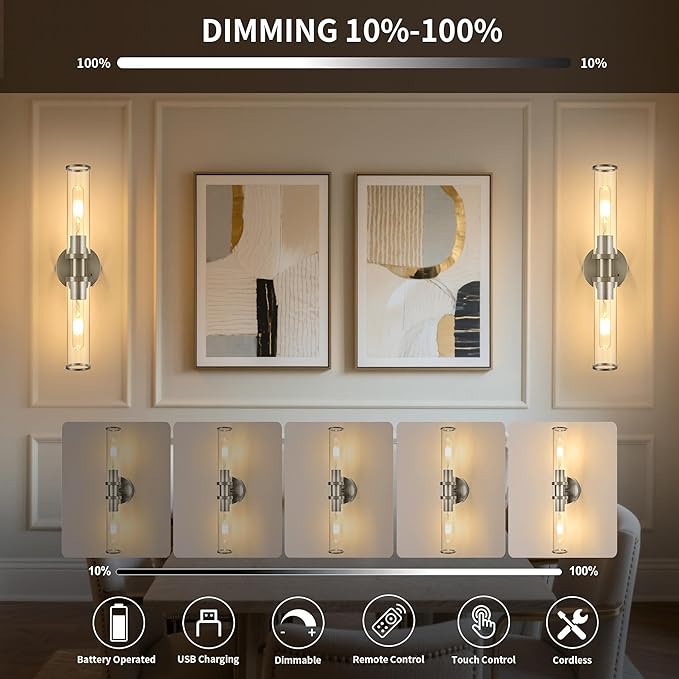 Rechargeable Battery Wall Sconce with Remote Control, Nickel Wireless Wall Lights, Easy Install Dimmable Battery Sconces Wall Decor Set of 2 for Living Room Bedroom Hallway Entryway Stairwell, 3000K