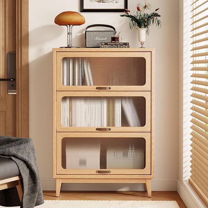 AQIMUELE Solid Wood Bookcase with Glass Doors, 3 Shelf Bookshelves and Bookcases, Mid Century Modern Bookshelf with Glass Doors, Kitchen Pantry Cabinet (Natural, 31.5" W)