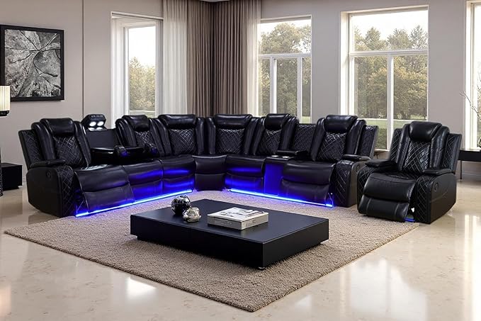 Power Reclining Sectional Sofa Set with LED Light, Leather Sectional Couches, Living Room Furniture Sets, Modern Power Recliner Sofa Sets with 3 Recliner Seater, Couches for Living Room