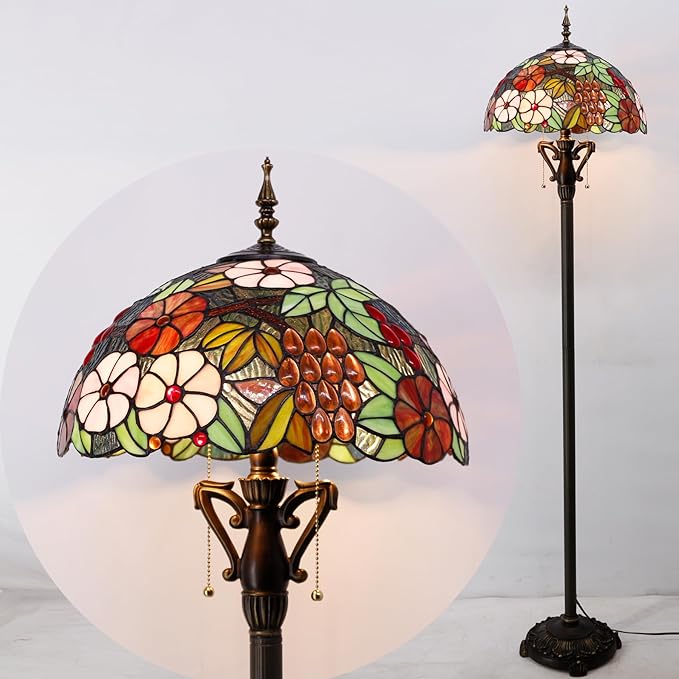 Tiffany Floor Lamp Green Purple Grape Stained Glass Standing Reading Light 16X16X66 Inches Antique Pole Corner Lamp Decor Bedroom Living Room