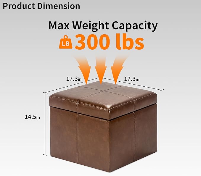 Adeco Faux Leather Storage Ottoman Bench for Living Room & Bedroom, Coffee Brown Cube Footrest Stool with Hidden Storage, Modern Accent Furniture, 17.3 Inch, Sturdy & Comfortable Seating