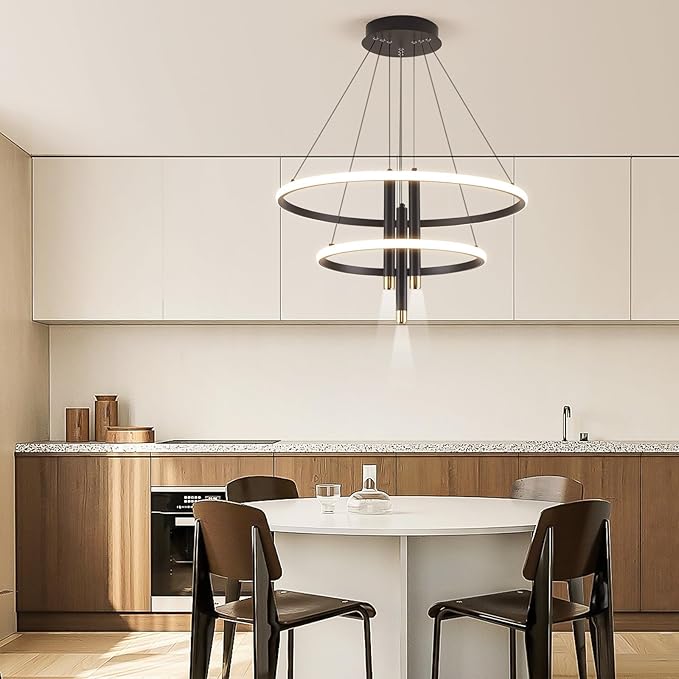 LED Black Modern Chandeliers for Dining Room Bedrooms Living Room, Dimmable 24in 5250lm Kitchen Pendant Lamp Dining Room Light Fixtures Ceiling Hanging Over Table, 2 Ring Round Chandeliers