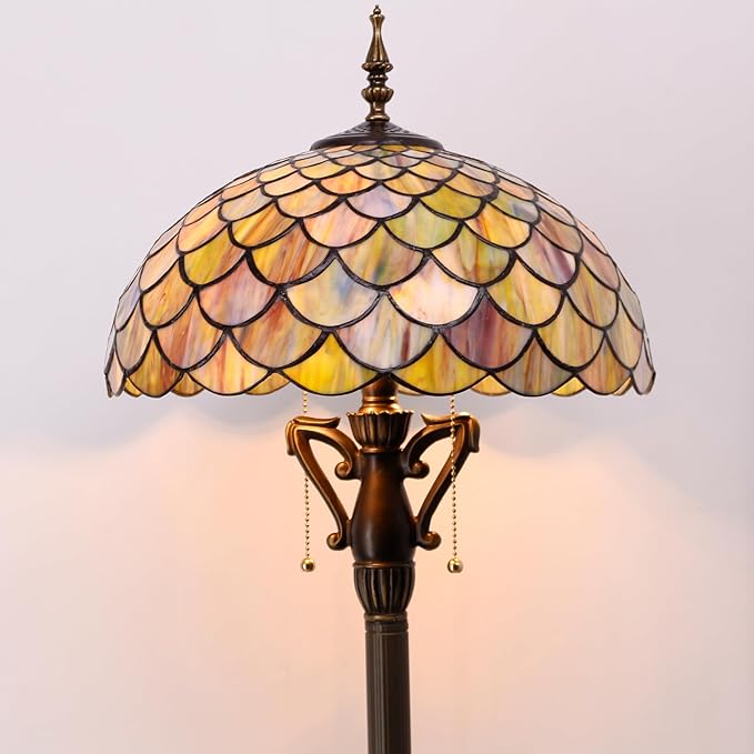Tiffany Floor Lamp Brown Fish Scales Stained Glass Standing Reading Light 16X16X64 Inches Antique Pole Corner Lamp Decor Bedroom Living Room