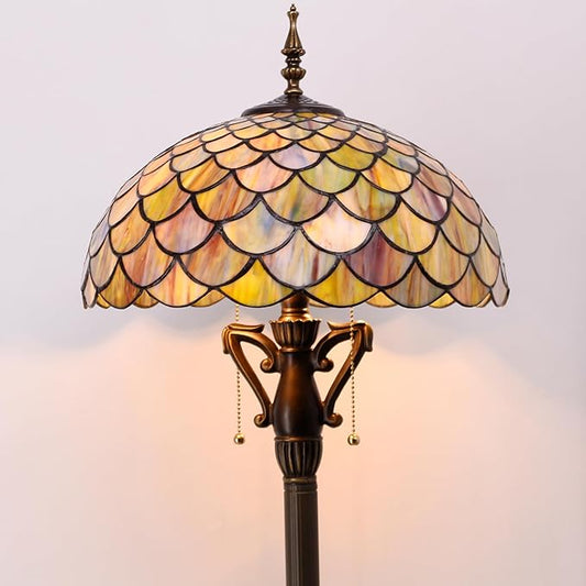 Tiffany Floor Lamp Brown Fish Scales Stained Glass Standing Reading Light 16X16X64 Inches Antique Pole Corner Lamp Decor Bedroom Living Room