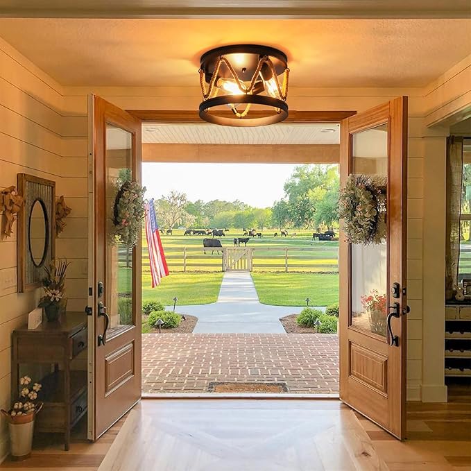 Industrial 3-Light Farmhouse Ceiling Light Fixture with Rope Shade, Rustic Vintage Black Metal Round Ceiling Lamp for Dining Room, Hallway, Foyer, Bedroom, Entryway