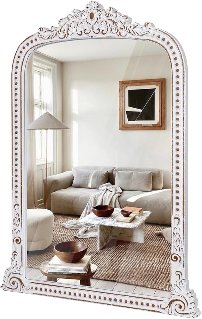 Wooden Vintage Wall Mirror: 28x38 Inch Baroque Antique Mirror - Ornate Decorative Arched Mirrors for Fireplace, Entryway, Bedroom, Bathroom - Home Decor for Living Room