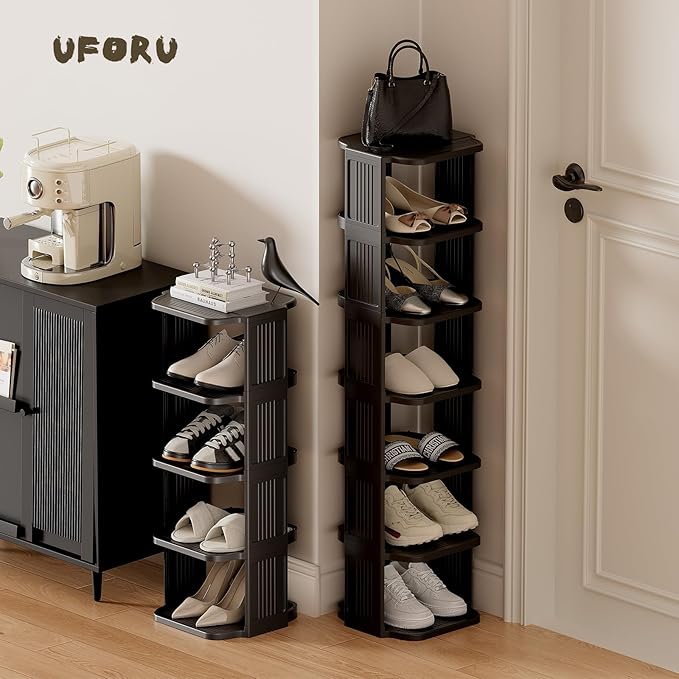 Small Shoe Rack, 5 Tier Plastic Vertical Shoe Rack for Small and Narrow Spaces, Free Standing Shoe Organizer for Closet, Entryway (Black)