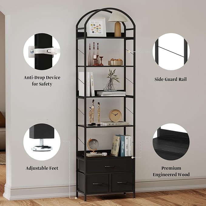 Tall Narrow Bookshelf with 3 Drawers, Arched Bookcase with 4 Legs, 84 inches 5 Tier Skinny Book Shelves with LED Lignts for Living Room, Office, Black