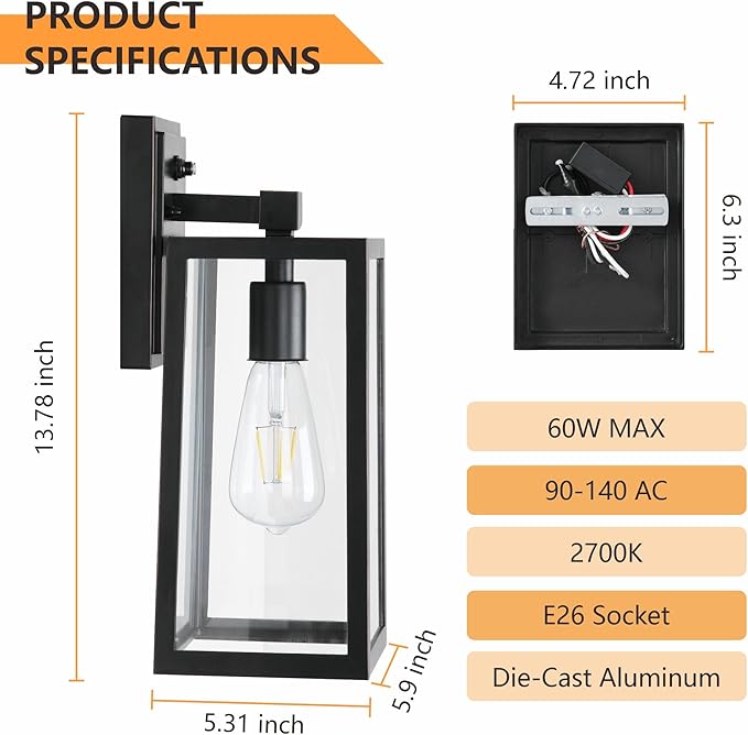 2-Pack Dusk to Dawn Outdoor Light Fixtures, Exterior Wall Lantern with Aluminum Body, E26 Base Scoket, Oil-Rubbed Bronze Wall Lighting, Modern Wall Sconce for Patio Front Porch Garage.
