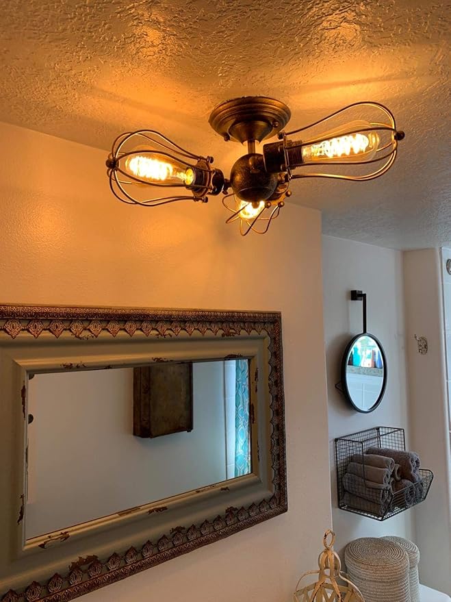 Vintage Ceiling Light Industrial Rotatable Semi-Flush Mount Ceiling Light Metal Lamp Fixtures Painted Finish (with 3 Light) (Bronze)
