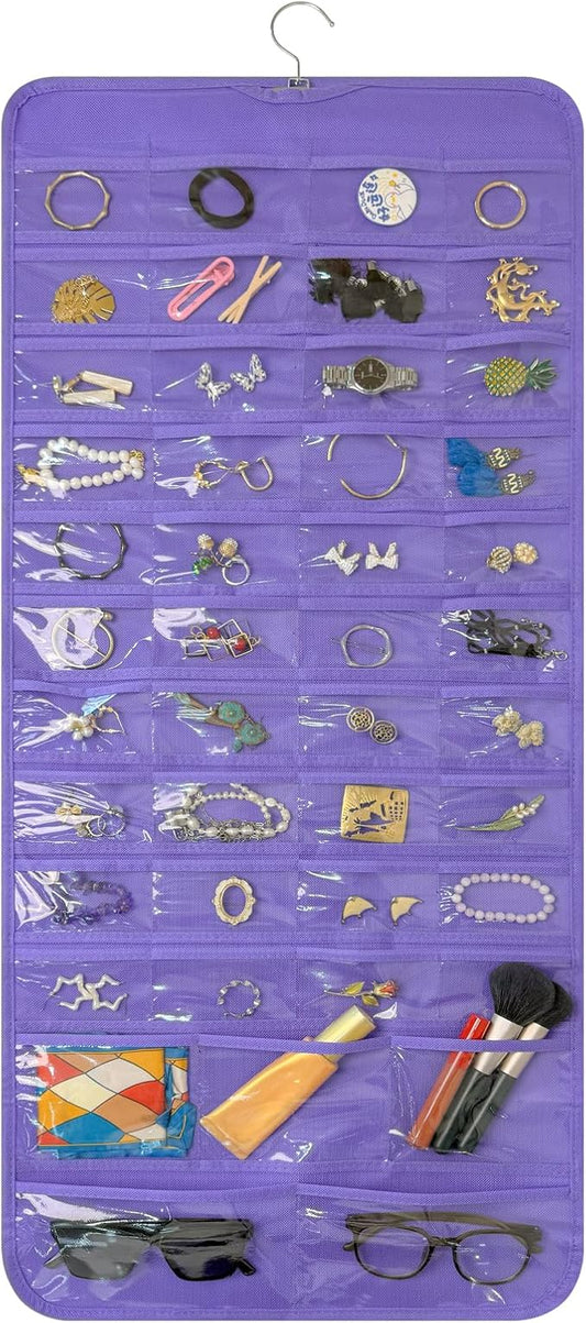 Bloss Hanging Jewelry Organizer With 90 Pockets,Earring Holder Organizer Storage For Valentine's Day Gift,Double-Sided Jewelry Holder for Earrings, Necklaces, Rings on Closet,Wall,Door(Purple)