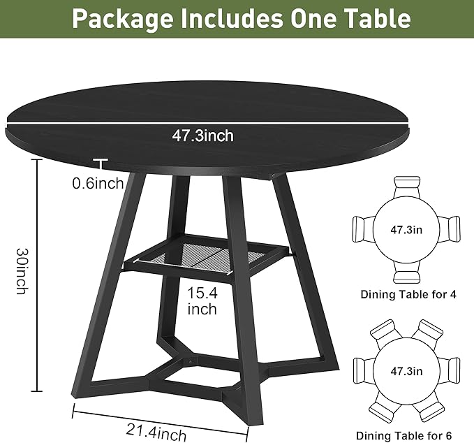 Round Dining Table for 4-6 with Storage Shelf, Kitchen & Dining Room Circle Pedestal Table, Heavy Duty Metal Frame & Wood Top