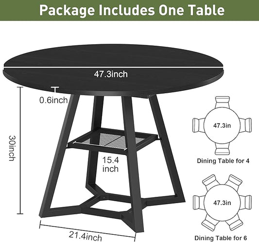 Round Dining Table for 4-6 with Storage Shelf, Kitchen & Dining Room Circle Pedestal Table, Heavy Duty Metal Frame & Wood Top