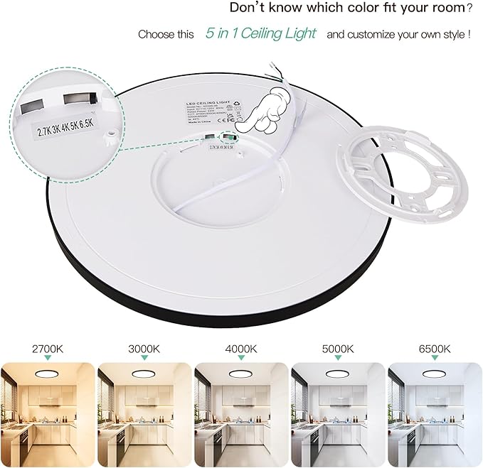 Brightever 12 Inch 6 Pack LED Ceiling Light Flush Mount, 24W 3200LM 0.67 Inch Thickness Close to Ceiling Light Fixtures, Dimmable & 2700K-6500K 5 Color Selectable Light Fixtures Ceiling Mount, Black