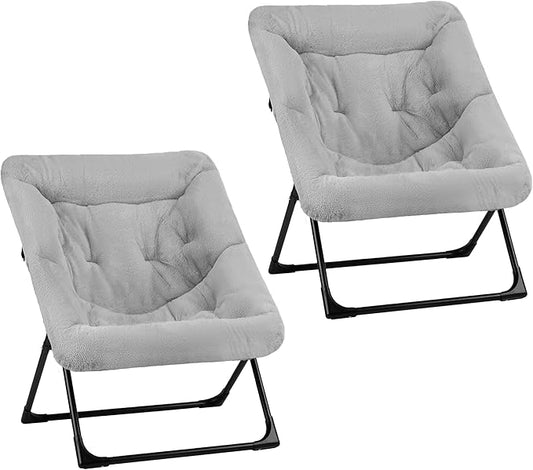 Comfy Saucer Chair for Adults, Set of 2, Soft Faux Fur Bedroom Chair, Accent Dorm Chairs, Flexible Living Room Reading Chairs, Oversized Folding Seat for Teens, X-Large, Grey