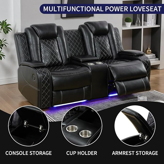 Power Recliner Sofa Set, Leather Reclining Sofa Sets with LED Lights, Living Room Furniture Set, Loveseat with Console Storage, Recliner Couch with USB Port (Sofa and Loveseat, Black)
