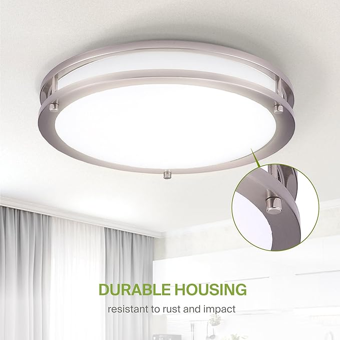 ASD LED 14" Round Flush Mount Lighting, Close to Ceiling Light Fixture | 3CCT, Dimmable, Energy Star, ETL Listed | 21W 1675LM 3000-5000K 120V | Low Profile Double Ring Lamp | Nickel