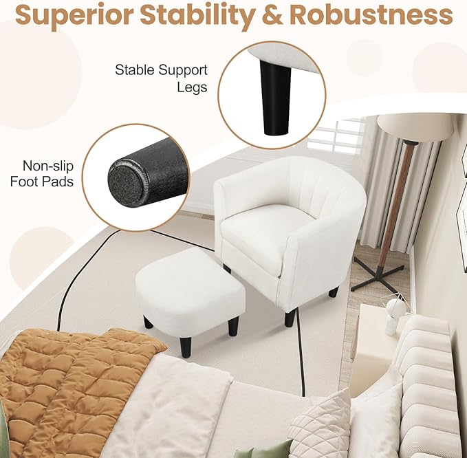 KOMFOTT Accent Chair with Ottoman, Upholstered Teddy Velvet Barrel Chair with Footrest, Comfy Club Sofa with Curved Backrest, Thick Seat Cushion, Modern Arm Chair for Living Room, Bedroom, Beige