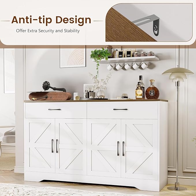 Sideboard Buffet Cabinet with Storage, Large Kitchen Storage Sideboard with Drawers & Doors, Modern Wood Farmhouse Coffee Bar Cabinet, Buffet Table for Kitchen, Living Room, White, 15.1"*55.1"*31.8"
