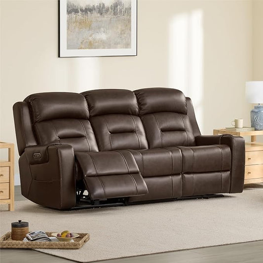 Watson & Whitely Genuine Leather Power Reclining Sofa, 3-Seater Lay Flat Recliner Sofa with Power Headrest, Cup Holders, USB & Type-C Ports, Electric Reclining Couch for Living Room, Dark Brown
