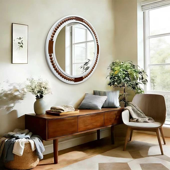32 Inch Round Boho Wall Mirror, Large Rustic Coastal Wall Decor with White Wood Frame and Brown Bead Accents,Farmhouse Decorative Mirror for Entryway, Bedroom, Living Room