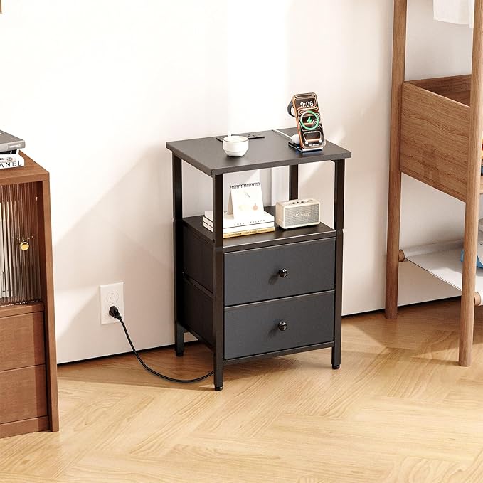 Nightstand with Charging Station, Bedside End Table with 2 Fabric Drawers for Bedroom, Side Table with USB Ports and Outlets (Black)