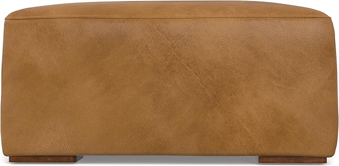 SIMPLIHOME Rex Ottoman - 34 inch Wide Upholstered Genuine Leather Square Ottoman in Sienna, Modern Bench for Living Room or Bedroom with High-Density Cushion, Assembled