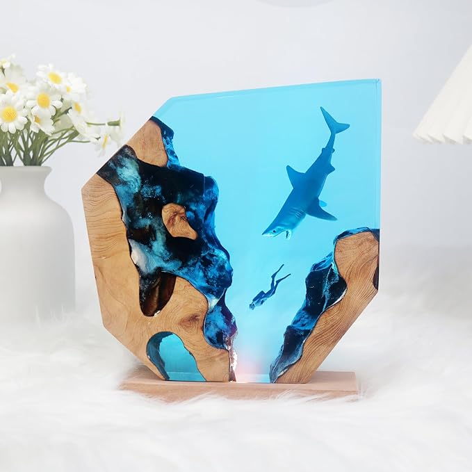 Shark Diver LED Ocean Lamp, Epoxy Resin Decorative Night Light for Office, Desk, Bathroom or Bedroom, Suitable for Holidays (Shark&Diver)