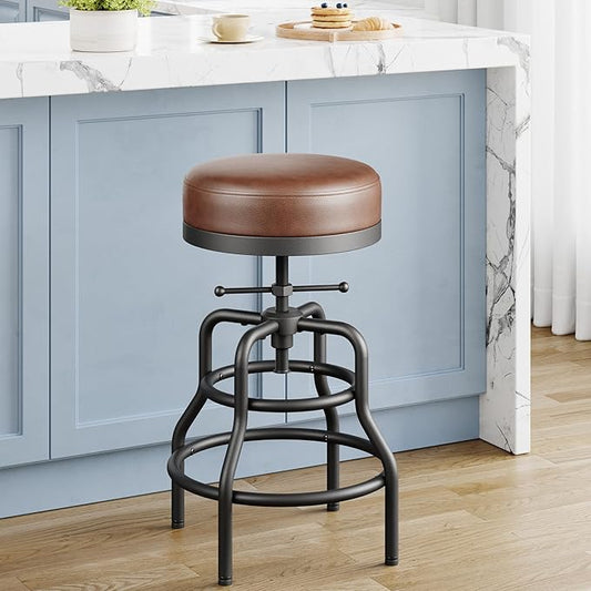 Adjustable Height Swivel Bar Stool, 22-29 Inch Industrial Vintage Bar Counter Height Stool with Thicken Premium Bonded Leather Seat & Updated Footrest, Easy Assembly, Brown