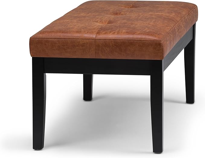 SIMPLIHOME Lacey Tufted Ottoman Bench - 41 inch Wide Upholstered Vegan Leather Rectangle Ottoman in Distressed Saddle Brown, Contemporary Bench for Bedroom or Entryway with Stitching Detail, Assembled