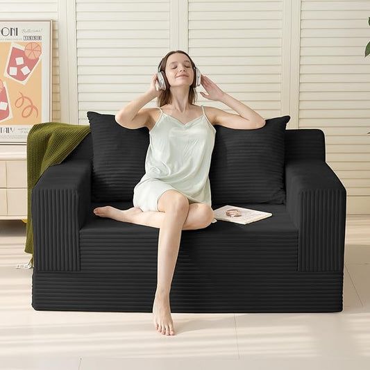 Erament Loveseat Boneless Convertible Sofa Bed, Folding Floor Futon Sleeper Sofa Couch Bed- Boneless Foldable Couch, Corduroy Pull Out Sofa Bed with 2 Pillows for Living Room & Bedroom