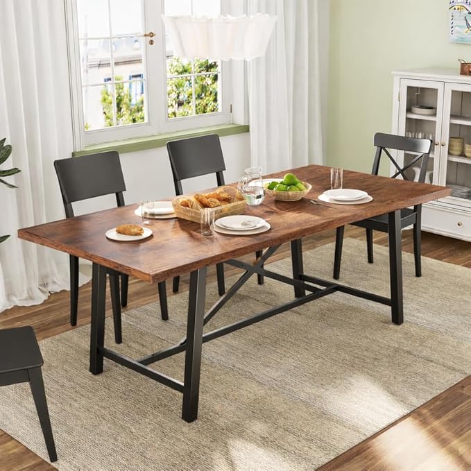 Concho Industrial Dining Table for 6-8 People, Long Wooden Kitchen Dinner Table with Sturdy Metal Frame for Home Office,Dining Room,Living Room Furniture, Brown